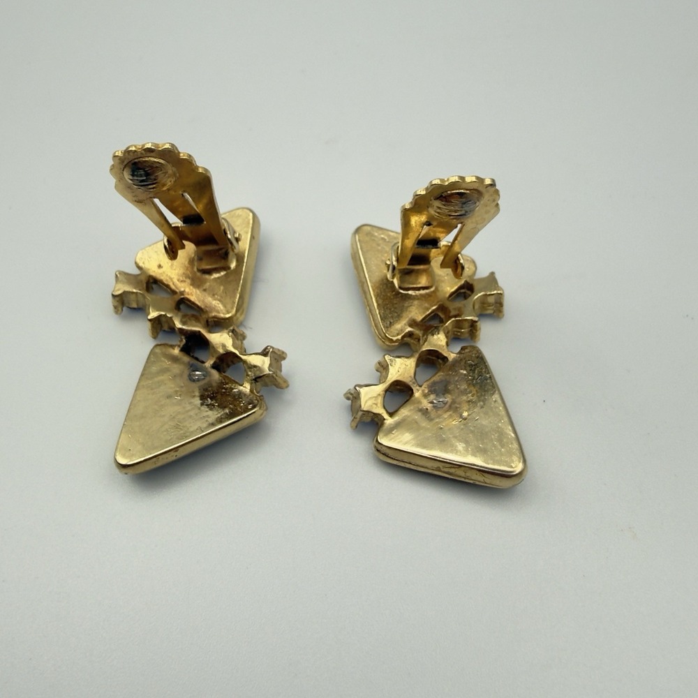 Geometric Clip On Earrings Gold Tone Navy Blue Beaded Light Blue Rhinestone 1.5" - Picture 3 of 9